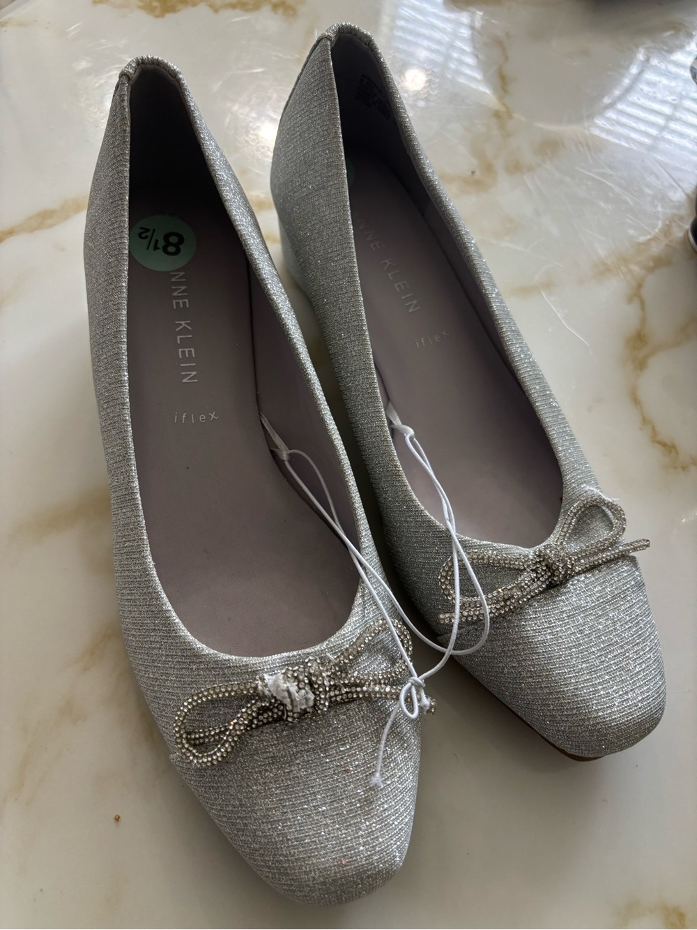 Anne Klein Silver Glitter Ballet Flats with Decorative Bow